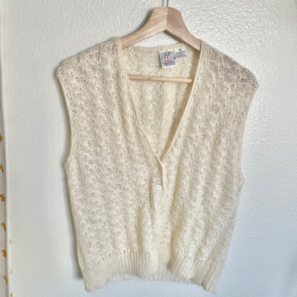 Vintage J.G. Hook Mohair Wool Open Knit Sweater Vest Cream Cottagecore Medium